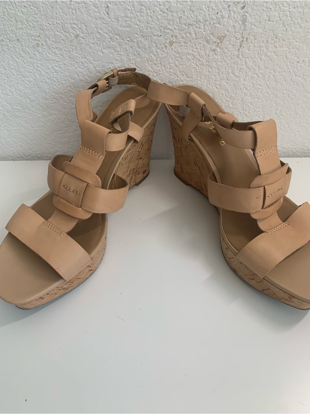 Franco Sarto Nude Leather Cork Wedge Sandals